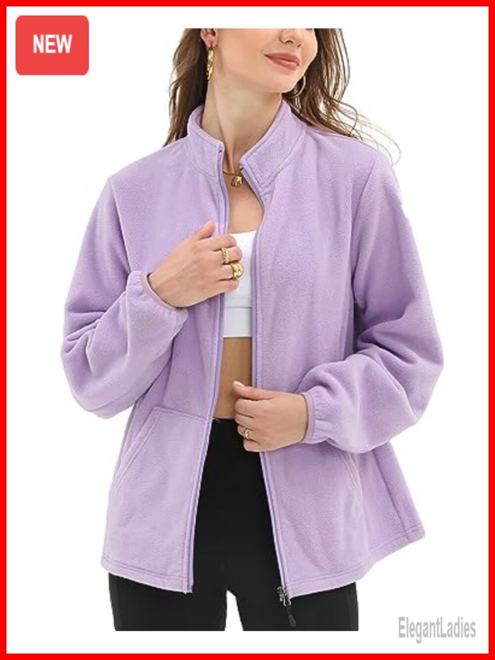 Women's Fleece Jacket 6 Pockets Full Zip Stand Collar Microfleece